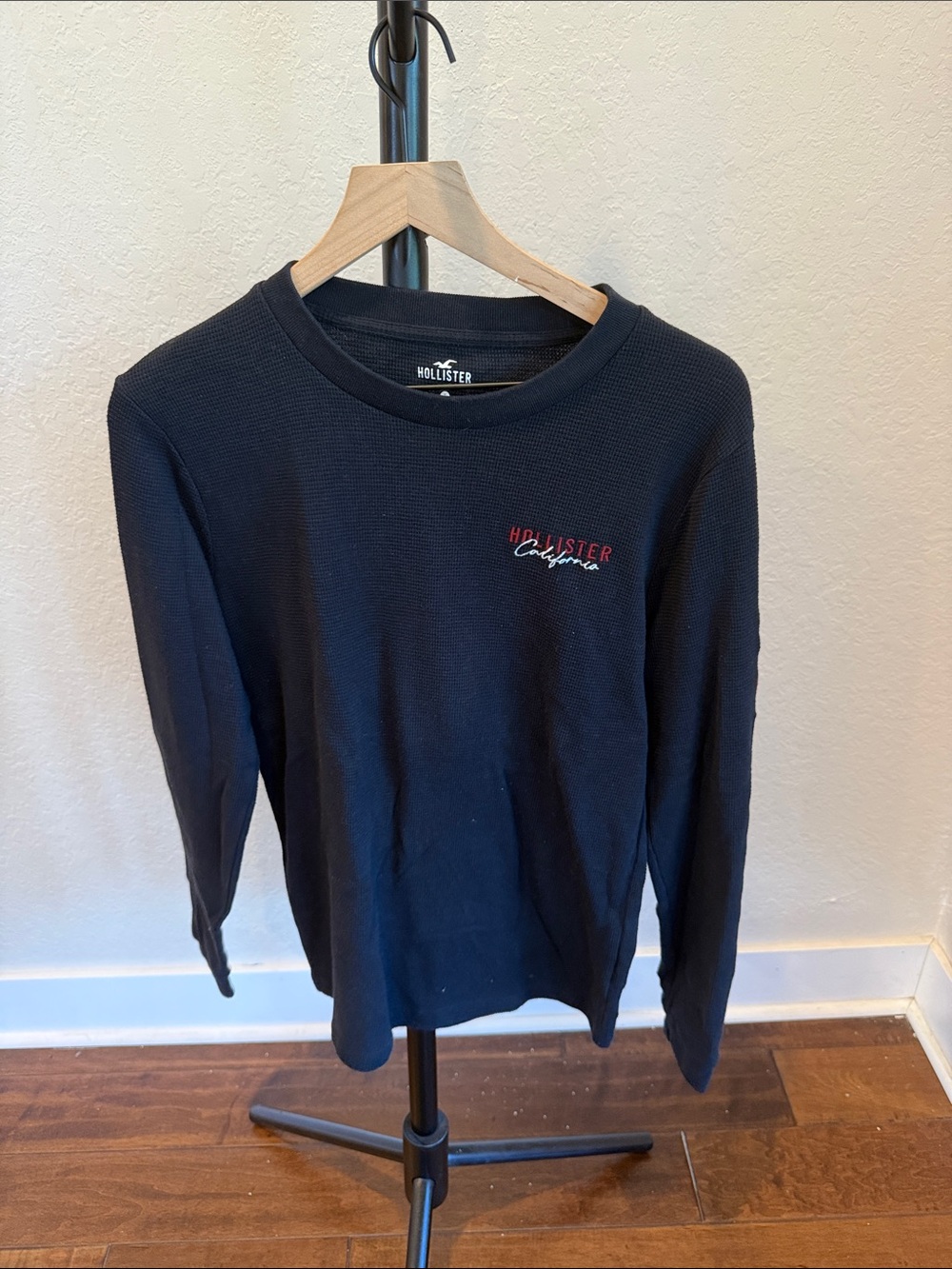 Hollister Black Long-Sleeve Waffle Crew with Red Script Logo